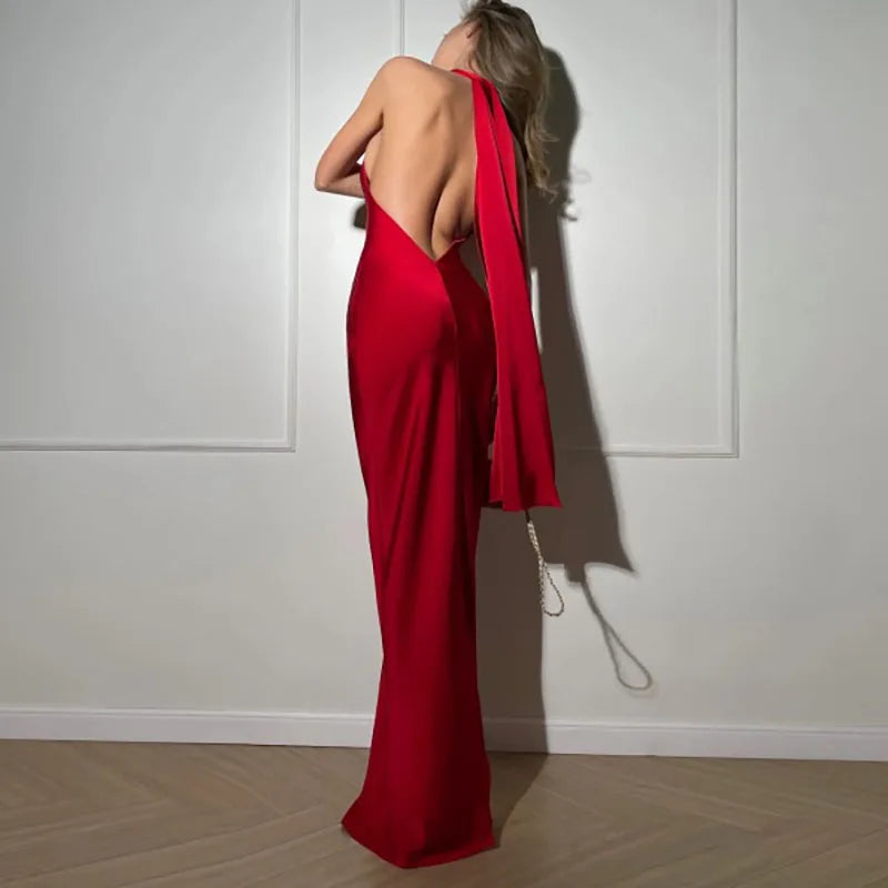 Robes Woman Elegant Solid Satin Party Dresses Spring Halter RIbbons Backless Maxi Dress Summer Hollow Sleeveless Slim Long Dress