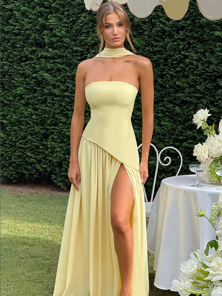 Elegant Yellow Gauze Off Shoulder Scarf Neack Long Dress Women Fashion Sleeveless A-line Vestido 2025 Summer Vocation Party Robe