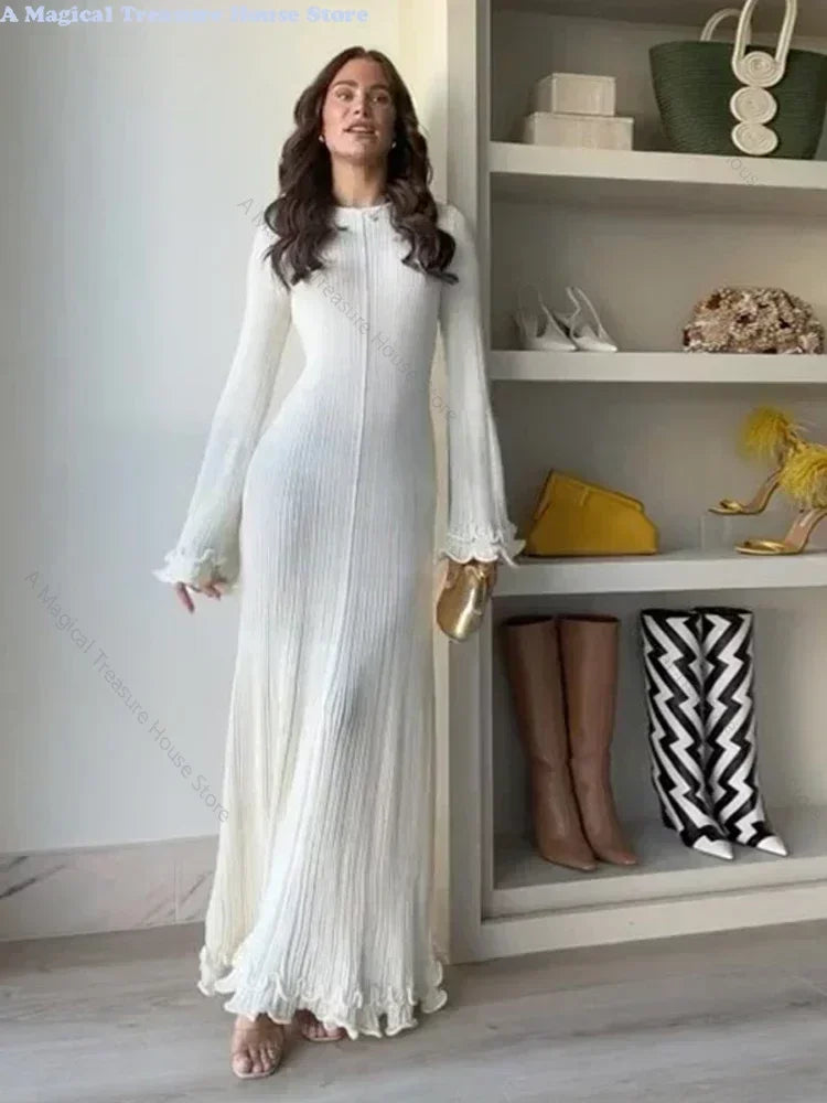 Fashion Ruffled Hem Knitted Long Dress Women Sexy O Neck Flare Long Sleeve Backless Lace Up Slim Dresses Female Vacation Robes