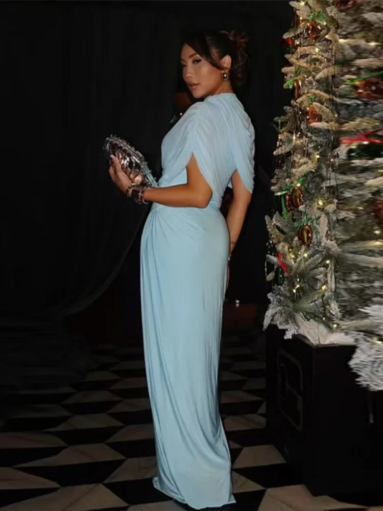 Shawl Long Dress Women Elegant Asymmetrical Chiffon Pleat Slim Waist Maxi Dresses 2025 Summer New Female Evening Party Prom Gown