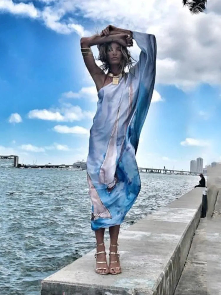 Color Butterfly Print One Shoulder Sleeve Dresses Women Sexy Off Shoulder Loose Beach Vacation Irregular Long Dress Streetwear