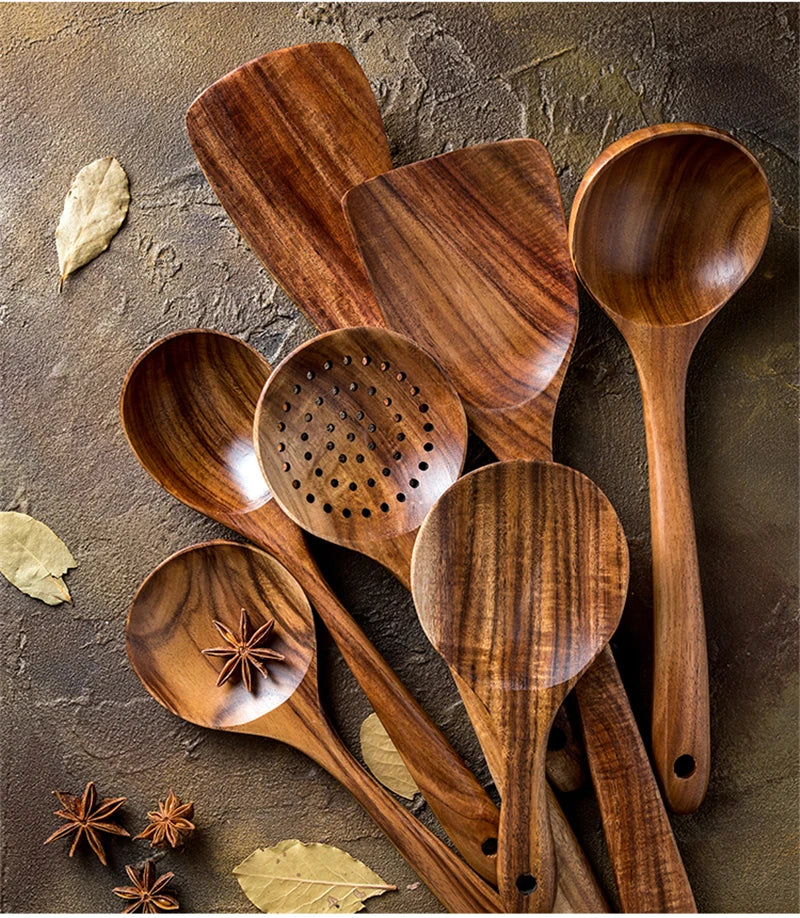 1~9PCS Thailand Teak Natural Wood Tableware Spoon Ladle Turner Long Rice Colander Soup Skimmer Cooking Spoons Scoop Kitchen Tool