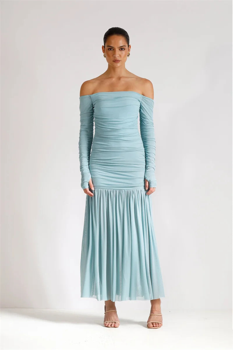 Mozision Off-shoulder Strapless Sexy Maxi Dress Women Summer New Patchwork Backless Long Sleeve Pleated Long Dress Elegant