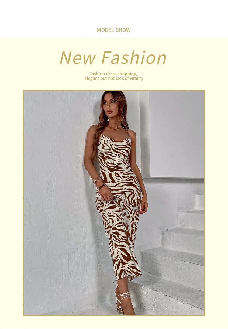 Women Sundress Summer Women Leopard Print Sexy Halter Beach Long Dress Backless Elegant Dresses Casual Resort Style Clothes