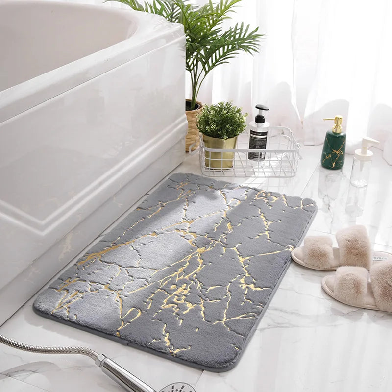 Inyahome Bath Mats for Bathroom Luxury White and Gold Non Slip and Soft Bathroom Rug Absorbent Bath Rug Decor for Kitchen Indoor