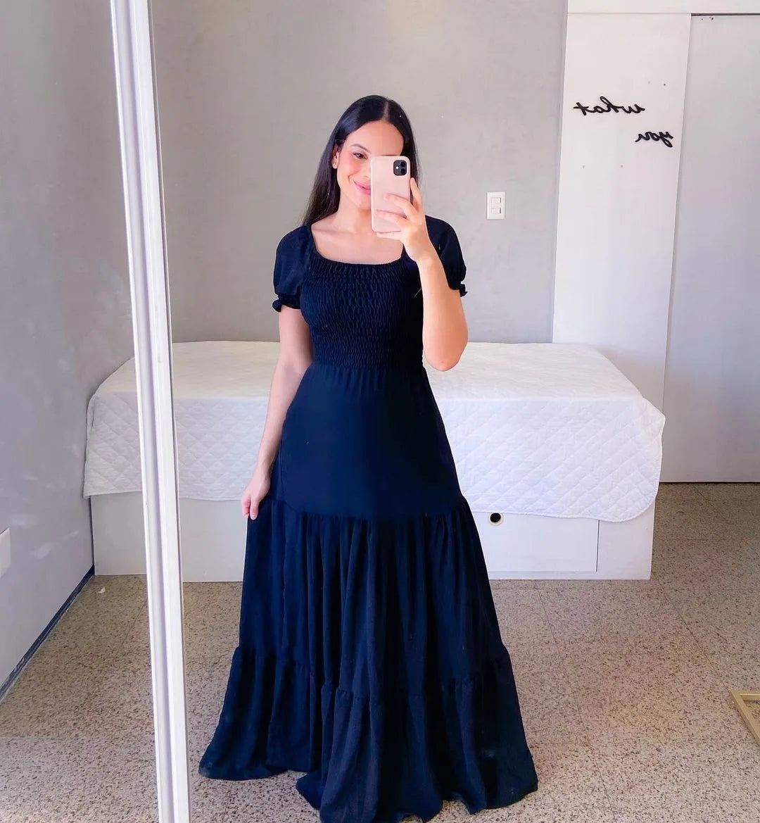 2025 Spring Summer New Women Closing Solid Color Square Collar Short Sleeve Long Dress Vestidos Largos vestidos verano moda 2024