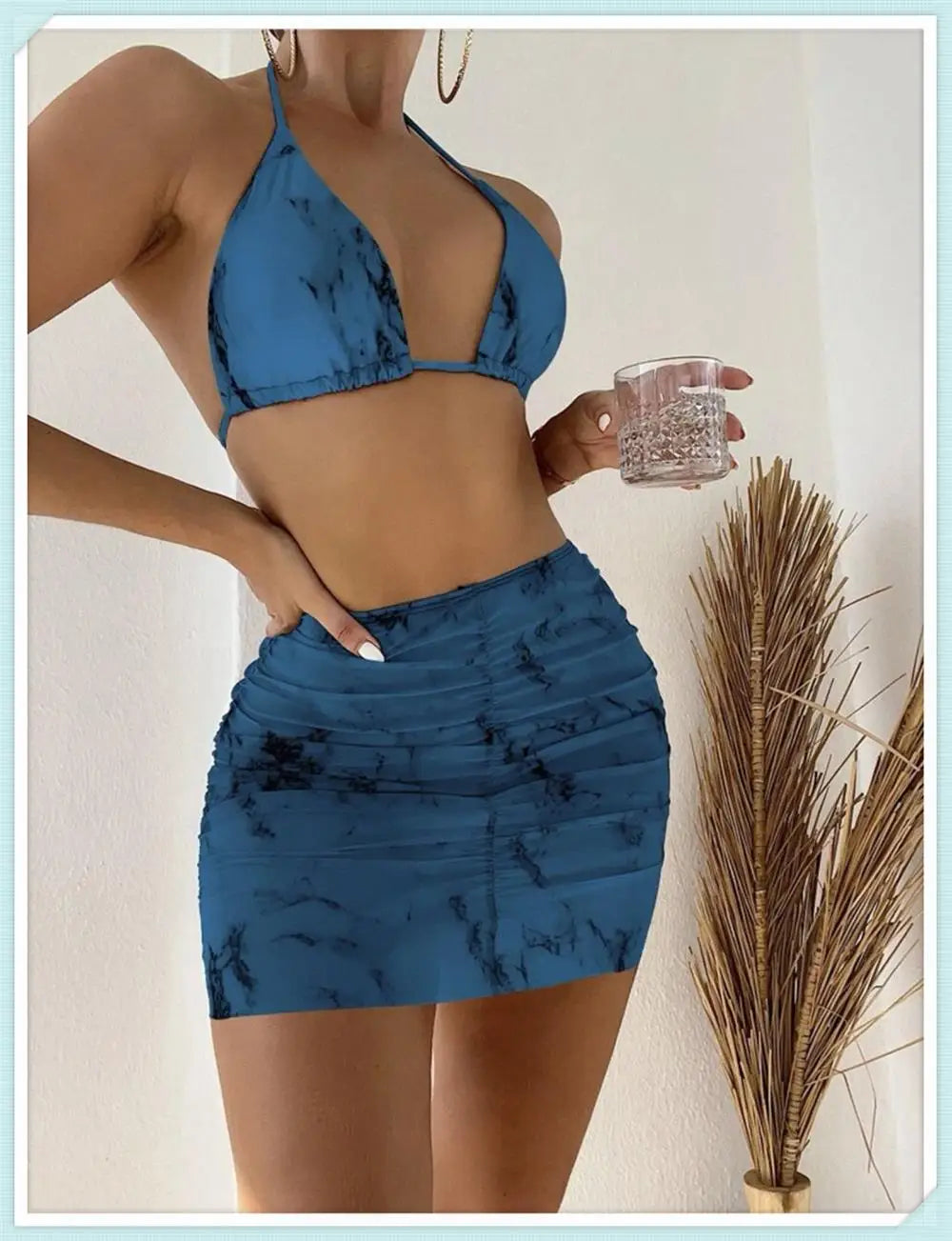 3 Pieces Thong Bikini Set With Skirt Marble texture Bathing Suit Women Swimsuit Set Female Swimwear Beach Wear Swimming Summer