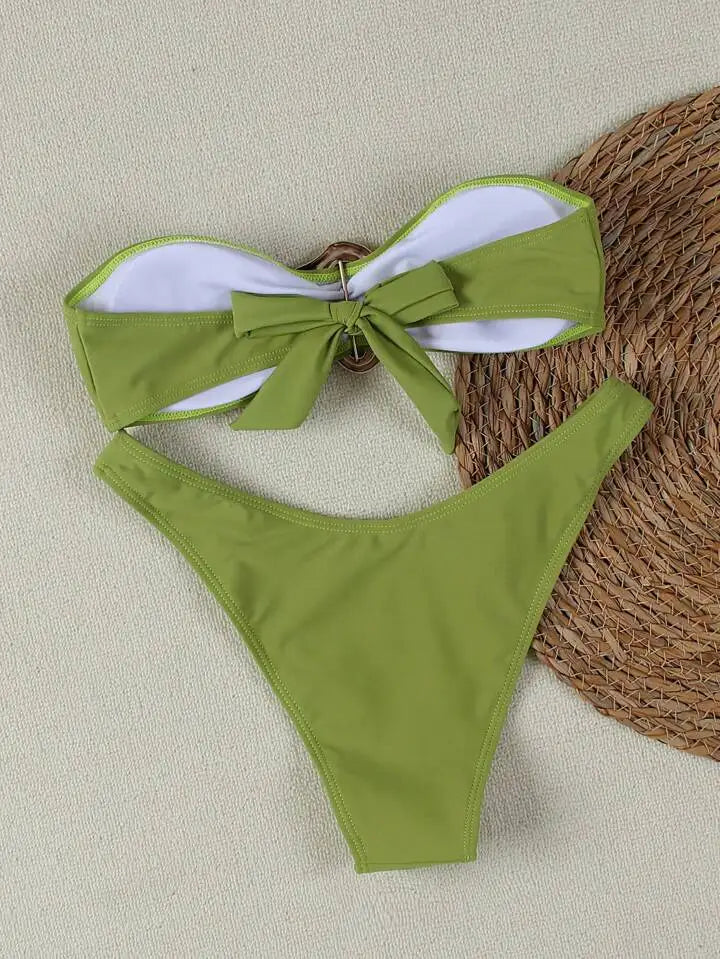 Sexy Solid Strapless Bikini 2 Piece Set Women Split Swimsuit Low Waist Beach Backless Bikini 2025 New Summer Swimwear Bikini Set