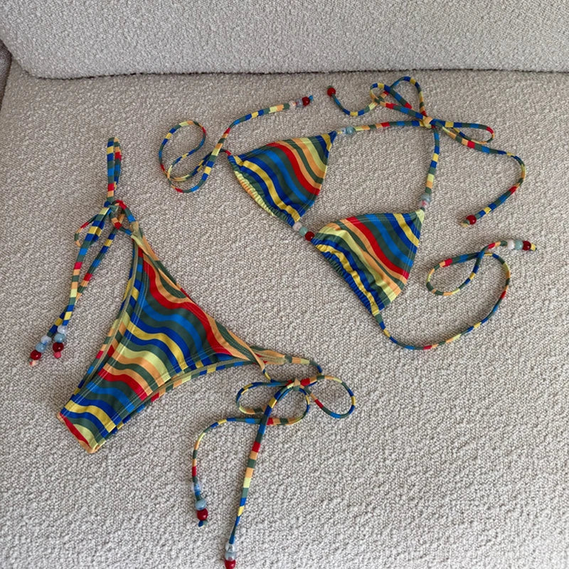 2025 Halter Bikinis Women Swimsuit New Sexy Swimwear Stripe Print Brazilian Bikini Set Micro Biquini Female Cute Beachwear