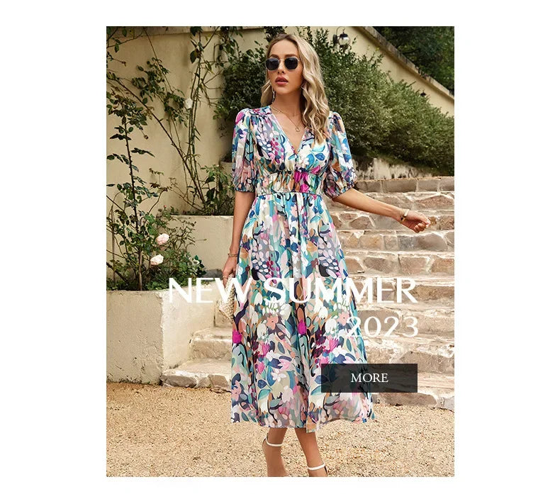 2024 Elegant High Quality Design summer long Dress Waist Cinching V-neck Print Elastic Waist Maxi  Dresses for Women Clothing
