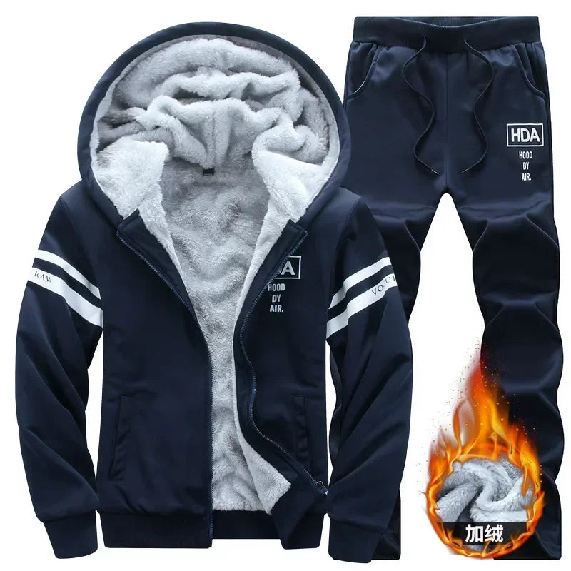 2025 Men's Thicken Warm Tracksuit Set Cardigan Fleece Hood Jacket+Pants Sweatshirts Male 2 Piece Sets Hoodies Suit Coat Big Size