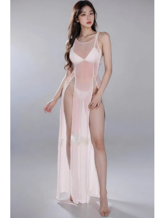 Lace O Mesh Neck Maxi Dress Mesh Lace Thin Transparent Sexy Women Slit Long Dress Elegant Women Fashion Sexy Women 7L7G