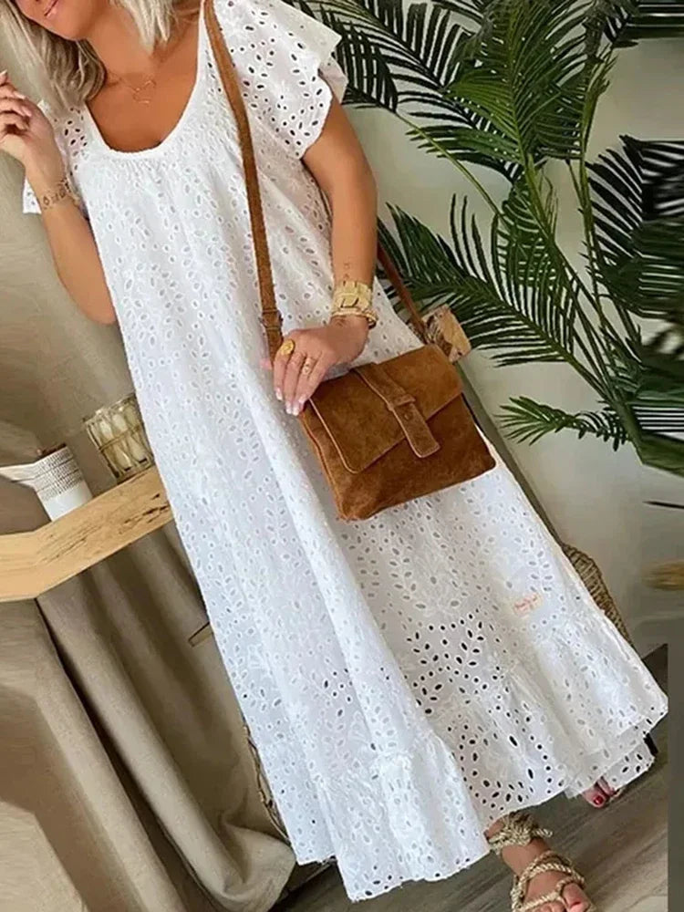 Women's Casual White Swing Party Dresses YK2 Ladies Elegant O-neck Hollow Long Dress Vestidos Summer Loose Short Sleeve Dress