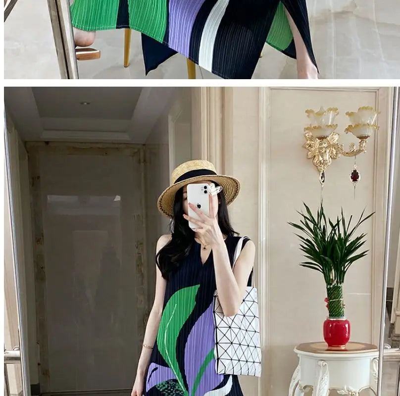 Pleated Geometric Diamond Summer Women French Casual Printing Holiday Style V-neck Sleeveless Loose Texture Forking Long Dress