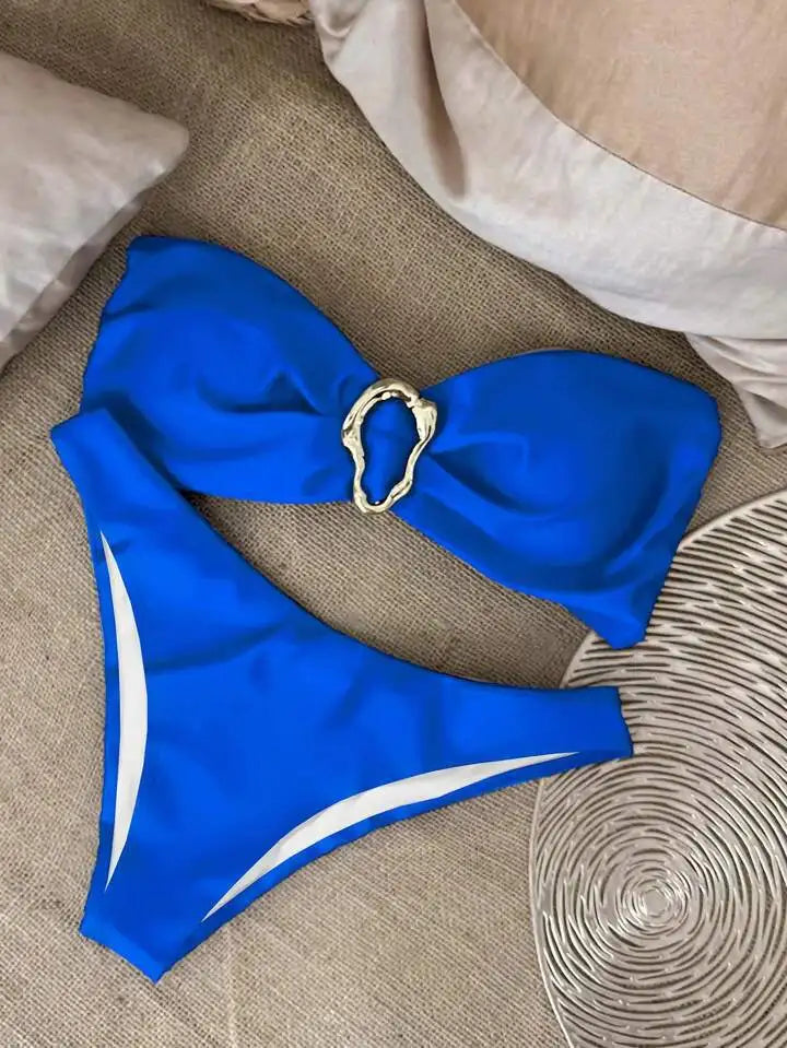 Sexy Solid Strapless Bikini 2 Piece Set Women Split Swimsuit Low Waist Beach Backless Bikini 2025 New Summer Swimwear Bikini Set