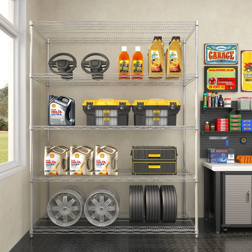 Warehouse supermarket kitchen other 5-layer heavy-duty adjustable shelves with wheels  adjustable feet  frame bearing 300 pounds