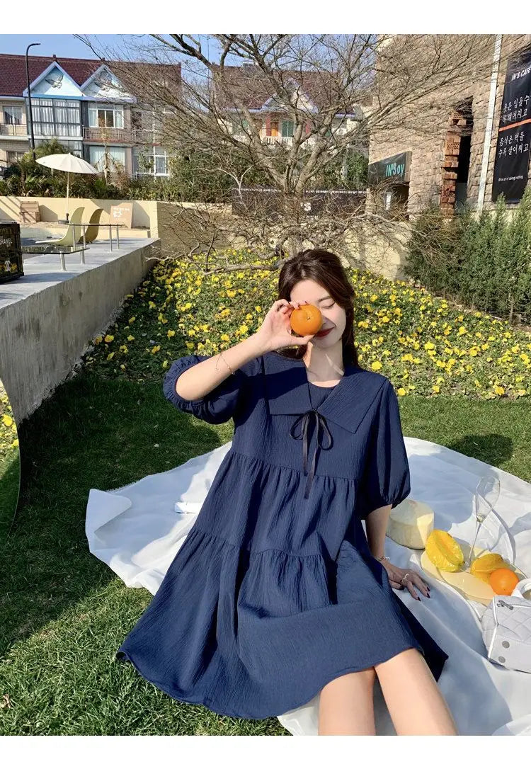 Vintage Pleated Lacing Loose Mini Dress Summer New Half Sleeve Solid Color Sweet Casual Dresses Fashion Korean Women Clothing