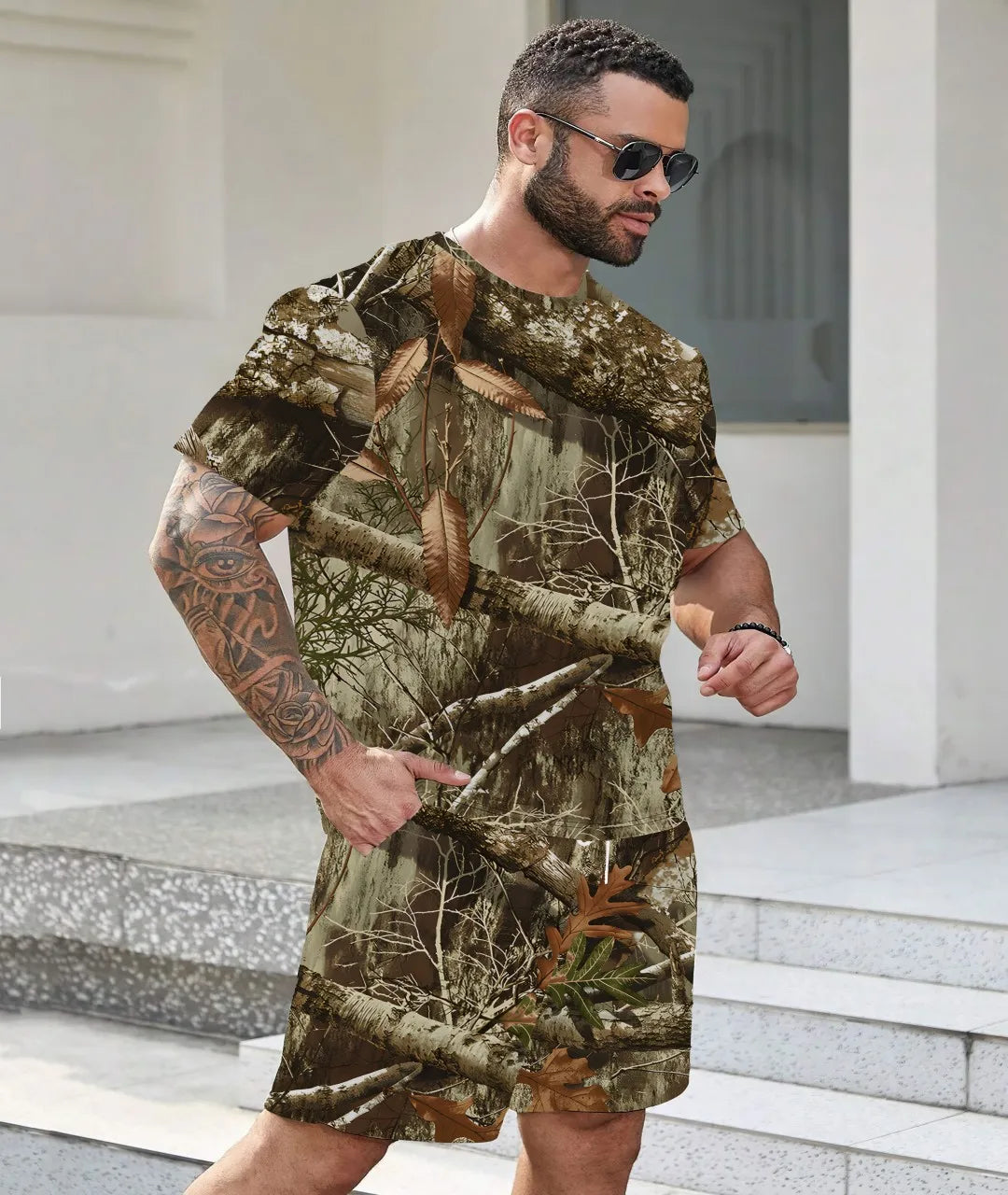 2025 Summer new men's set 3D printed Camouflage Hunting 3d Printed T-shirt Outdoor T-shirt Hip Hop casual fashion men's set