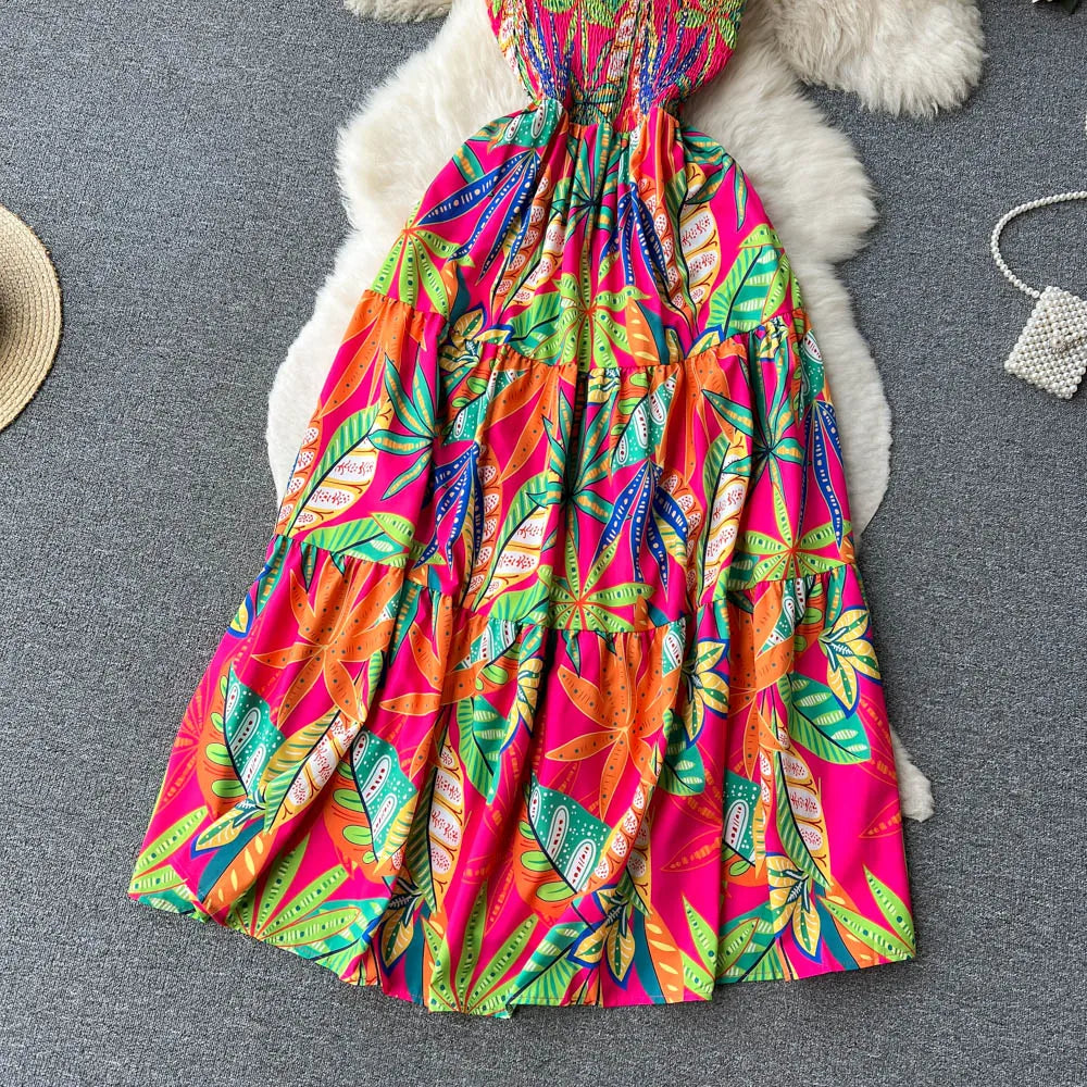 SINGREINY Summer Vacation Spaghetti Strap Long Dress Women Sleeveless Ruched Elastic Backless Dress Floral Print Beach Sundress