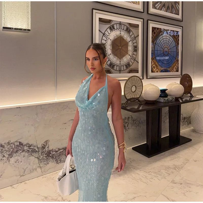 Elegant Sequin Halter Long Dress Women Sexy Bule Backless Sleeveless Slim Asymmetrical Beach Dresses Lady Chic Party Holiday