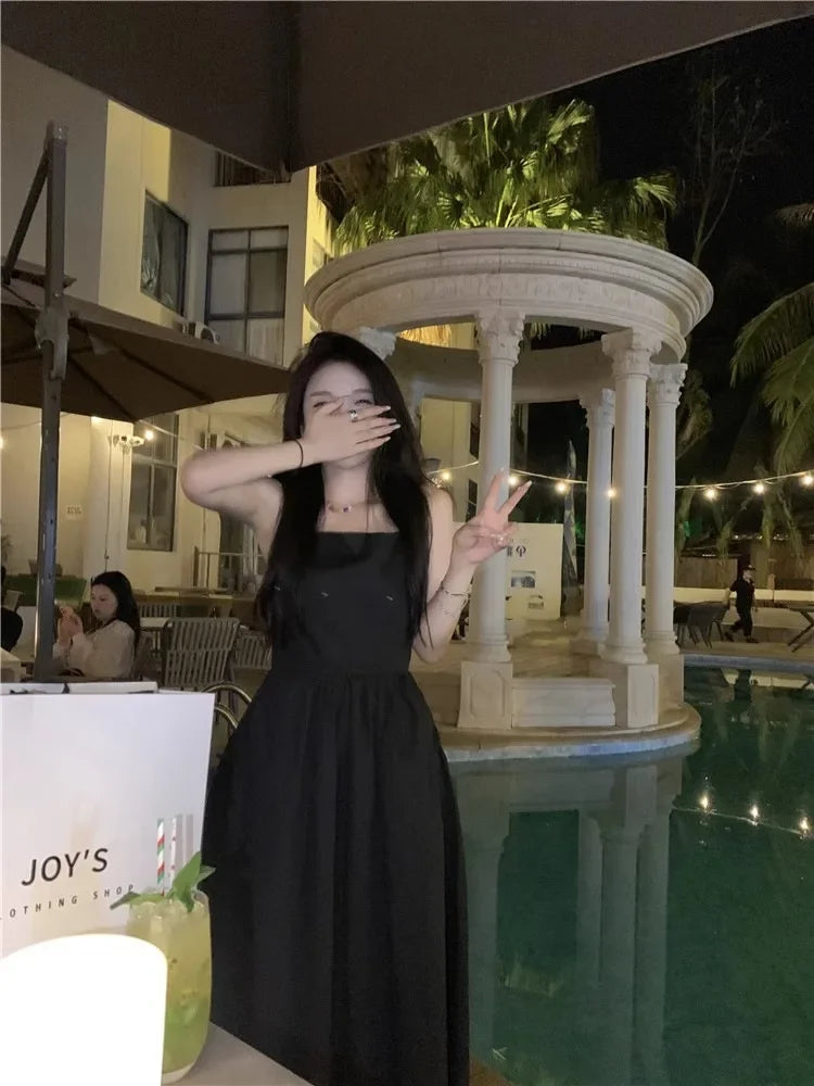 French Style Sexy Open-Back Blue Tank Dress Women's Summer Vacation Beach A- Line Long Dress Beach Vacation Dress