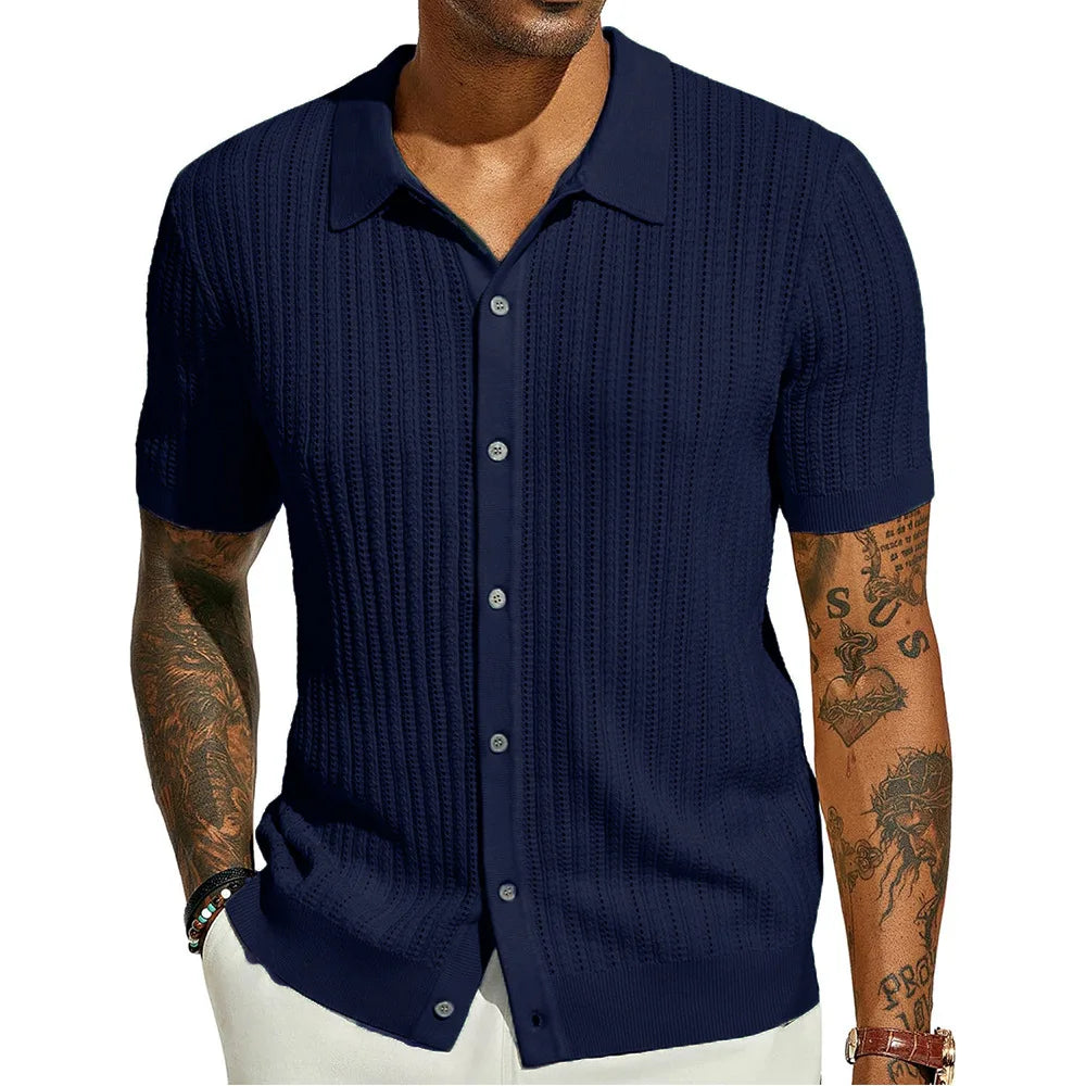 Summer Men's Casual Shirt Breathable Hollow Out Knit Shirt Short Sleeve Lapel Lightweight Top for Men European  American Loose
