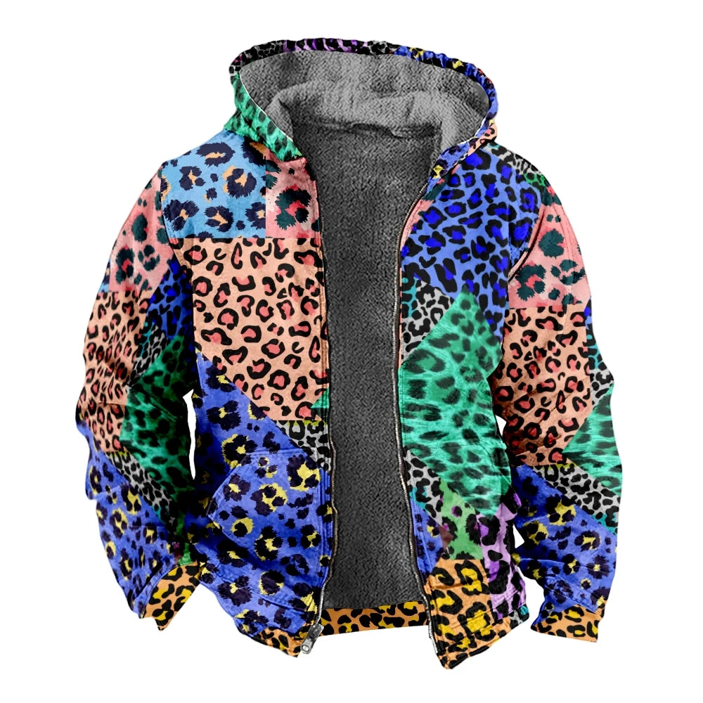 Autumn Winter Fleece Zip Up Hoodies Original Leopard Patchwork Digital Print Men Parka Coat Jackets Outerwear Sweatshirts Street
