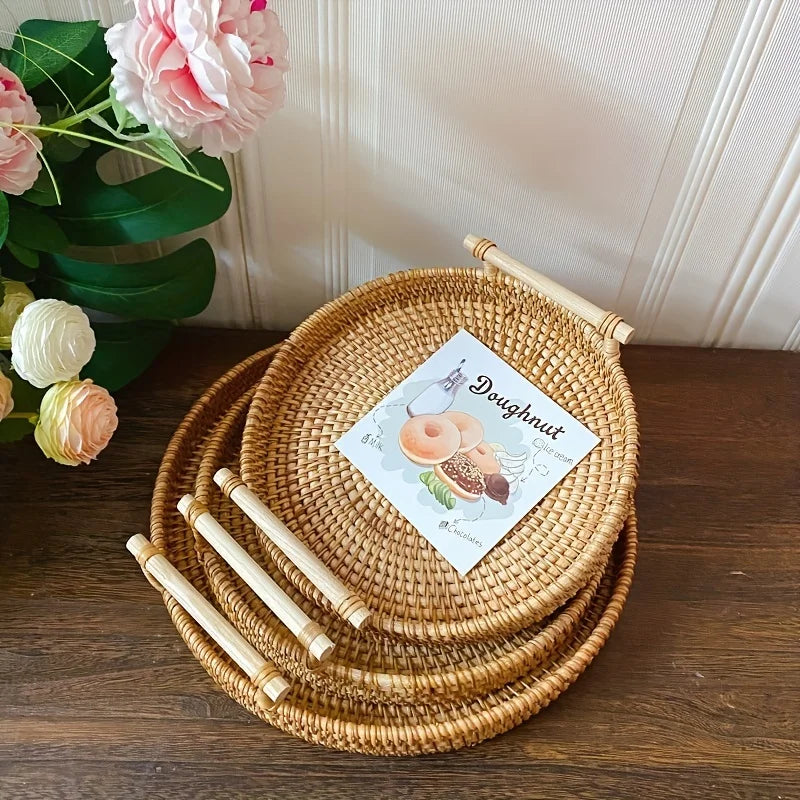 Rattan Tray Round Storage Basket Tray with Handles Natural Hand Woven Baskets Bread Fruit Food Plate Tray Home Kitchen Supplies