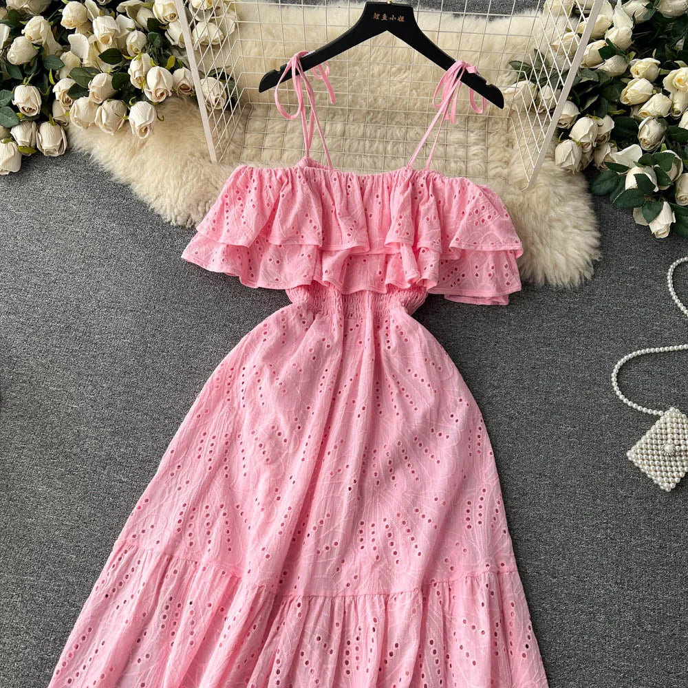 SINGREINY High Street Cotton Embroidery Long Dress Women Hollow Out Backless Beach Sundress Fashion Off the Shoulder Sexy Dress