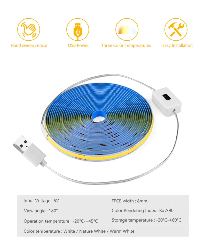 320 Leds/M DC5V USB COB LED Strip Light with Hand Sweep Motion Sensor LED Lights Tape Waterproof Kitchen Cabinet Lamp Ribbon
