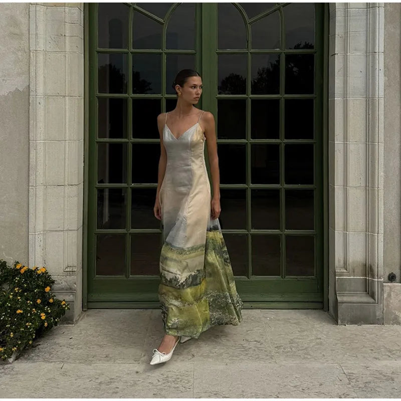 Elegant Printed Tighte Waist Women's Long Dress V-neck Slim A-line Robe 2025 Summer Beach Holiday Style Female's Long Dresses