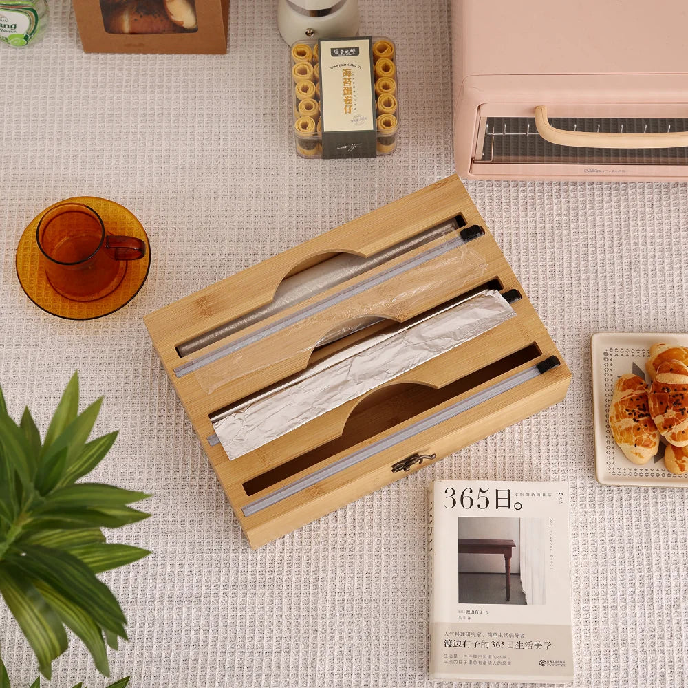 New 3 In 1 Bamboo Wrap Dispenser Storage For Aluminum Foil With Cutter Cling Film Holder Kitchen Accessories Organizer