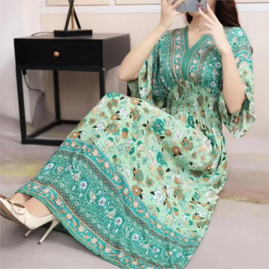 V-neck Large Skirt Hem Casual Sweet Holiday Long Dress Bat Sleeves Elastic Waist Bohemian Print Floral Elegant Dresse For Women