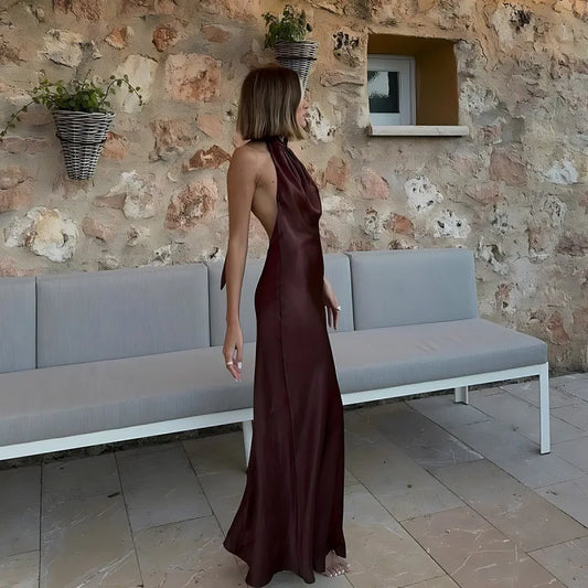 Halter Satin Long Dress Women Tied Backless Brown Midi Dress Summer Off Shoulder Party Dresses Pleated Evening Dress