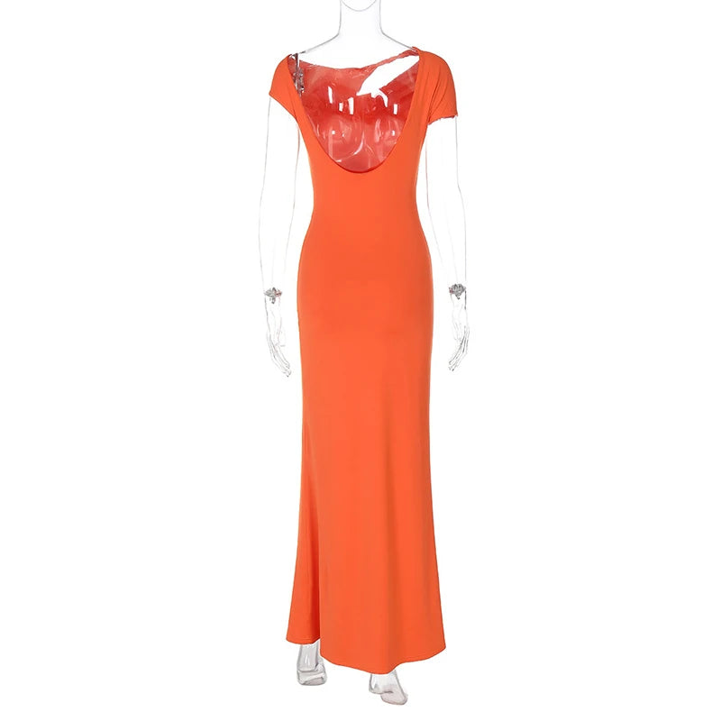 Mozision Hollow Out Backless Sexy Maxi Dress For Women Fashion Metal Buckle Solid Short Sleeve High Waist Slim Fit Long Dress