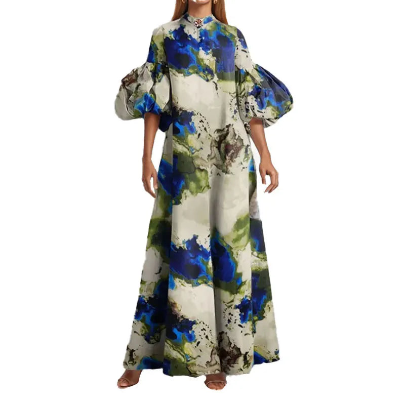 Women's Printed Maxi Dress Elegant Ladies Lantern Sleeve Loose Long Dress Summer New Evening Party Dress For Women