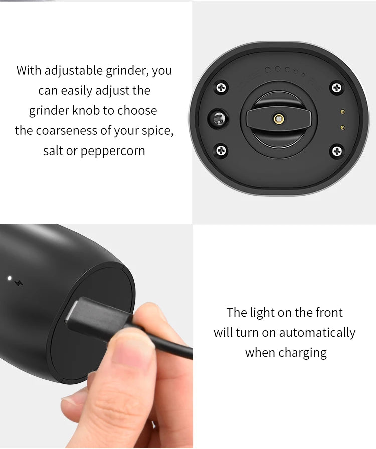 USB Rechargeable Electric Salt And Pepper Grinder With Adjustable Coarseness Refillable Mill Battery Powered Home Kitchen Gadget