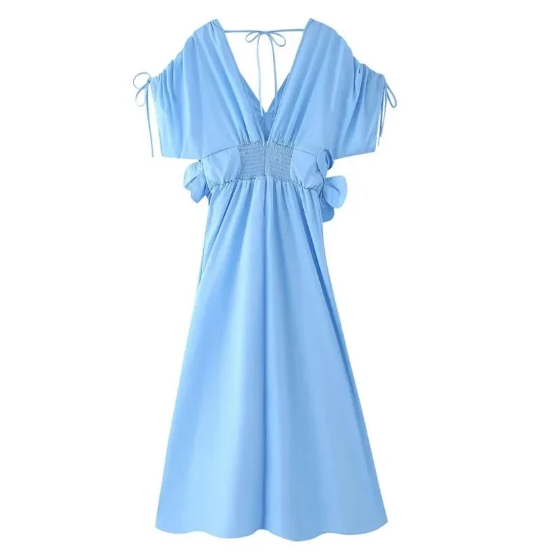 Women Blue V-neck Waist Strap Three-dimensional Flower Bow High Waist Long Dress