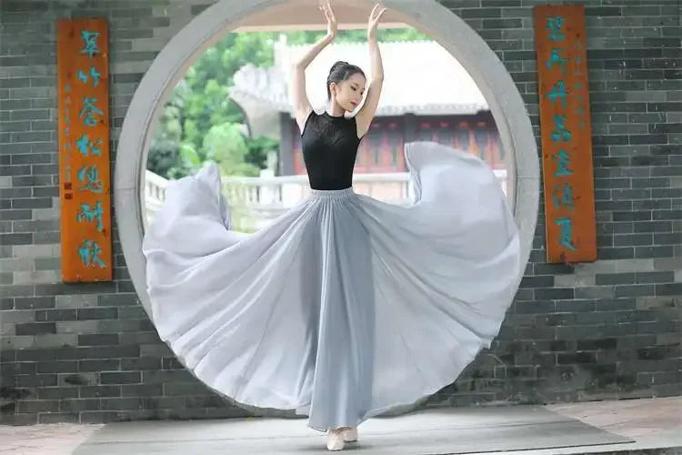720 Degree Wide Dancing Skirt Chiffon Double Layer Semi-Long Dress Women's Solid Color Xinjiang Dance Skirt