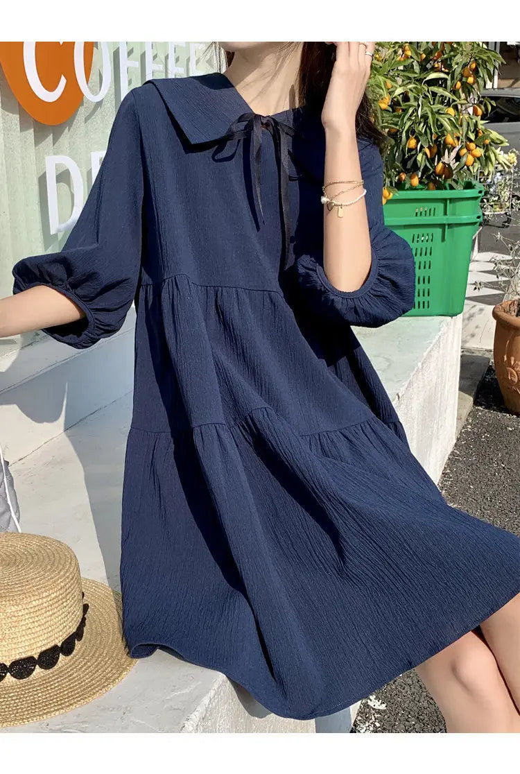Vintage Pleated Lacing Loose Mini Dress Summer New Half Sleeve Solid Color Sweet Casual Dresses Fashion Korean Women Clothing