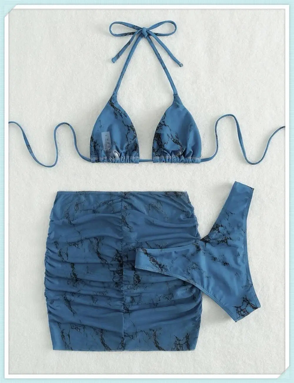 3 Pieces Thong Bikini Set With Skirt Marble texture Bathing Suit Women Swimsuit Set Female Swimwear Beach Wear Swimming Summer