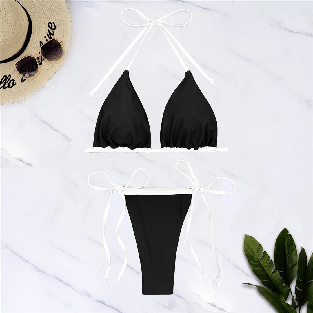 S - XL Sexy Halter Strappy High Cut Bikini Women Swimwear Female Swimsuit Two-pieces Bikini set Bather Bathing Suit Swim V6244