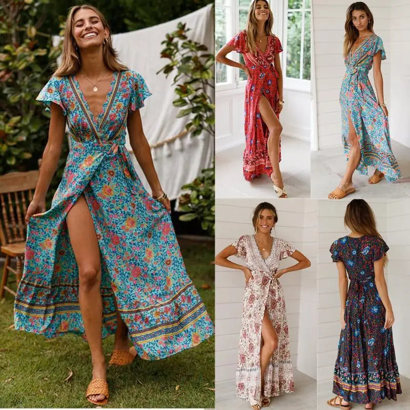 Summer Dress Women 2024 Short Sleeveless Casual V-neck Floral Print Boho Beach Long Dress S-3XL Sexy Split Party Robe