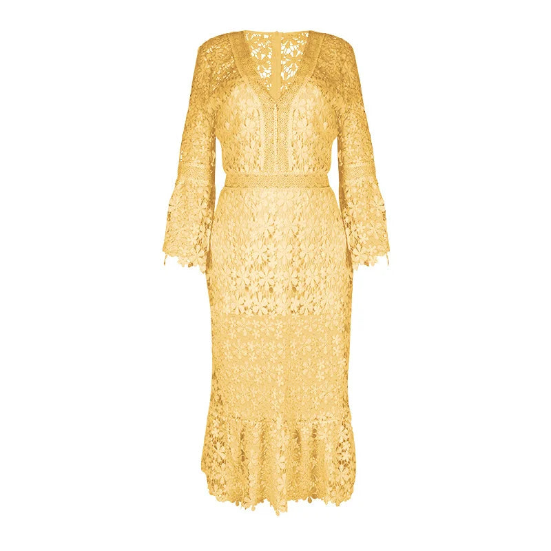 Sexy Autumn Lace Long Sleeve V-neck Big Show Long Dress Women Polyester Fabric High Waist Hollow Out Design Summer Style