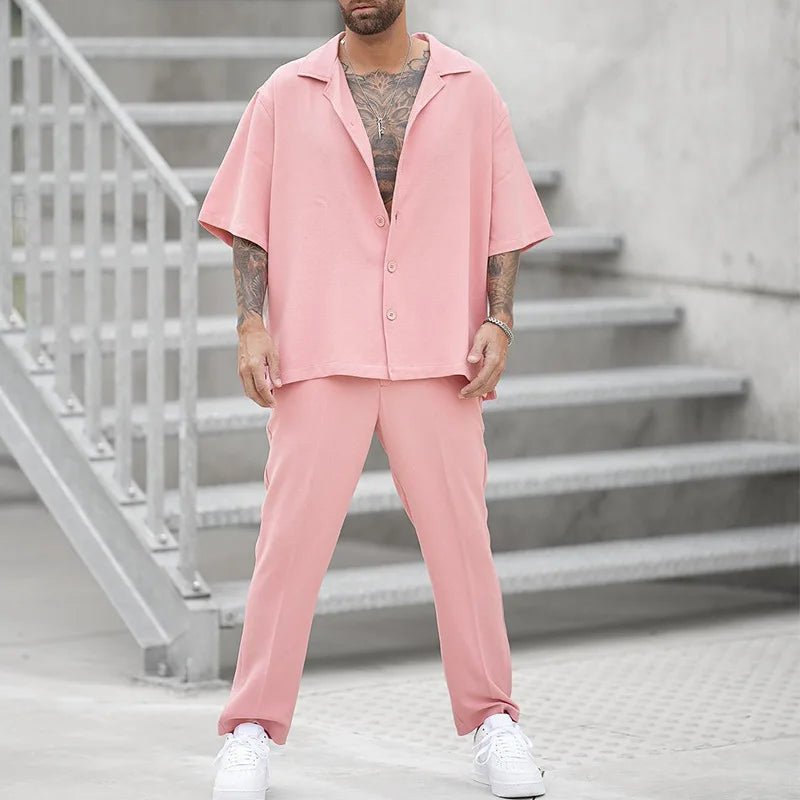2025 Men's Casual 2PCS Pants Sets Fashion Lapel Shirt Top and Trousers Set Trendy Solid Blazer Pants Two Piece Set Clothing Male
