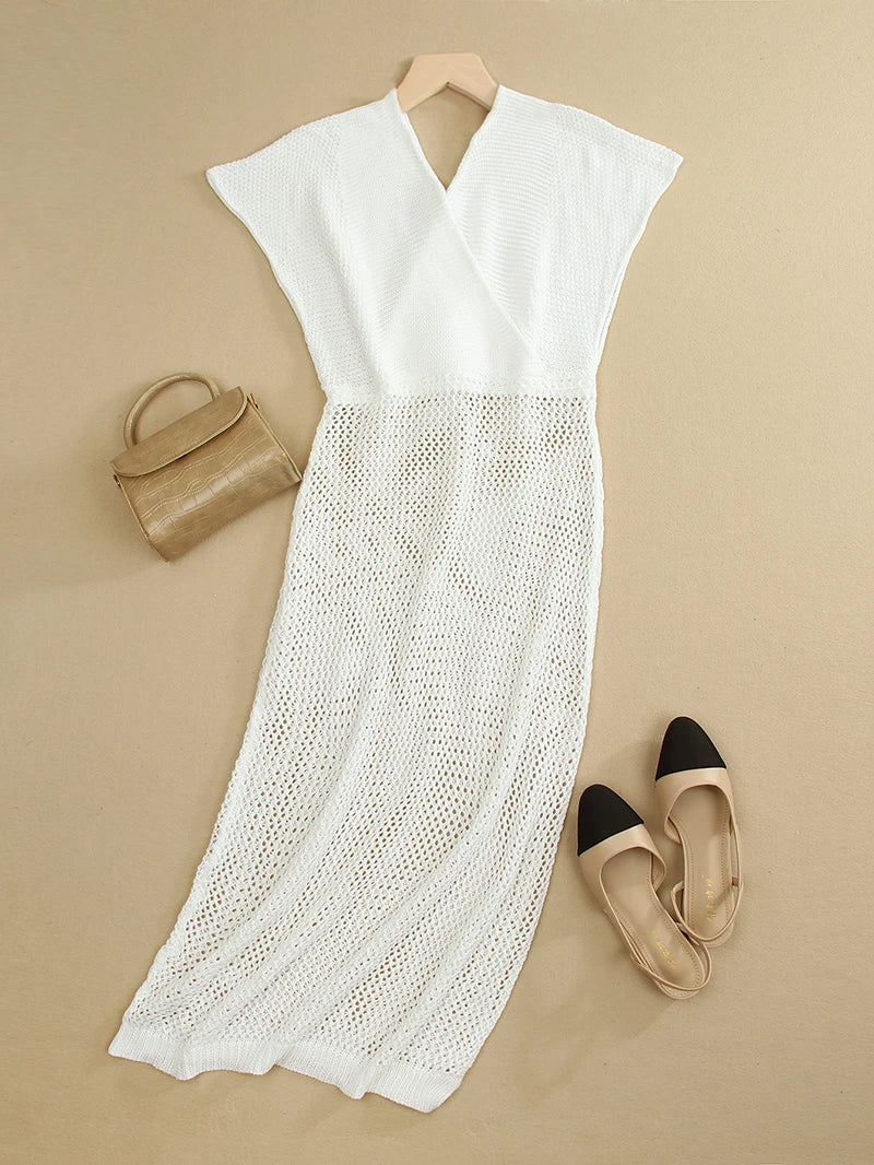 2024 White Crochet Tunic Bikini Cover-ups Sexy Hollow Out Long Dress V neck Women Summer Clothes Beach Wear Knitted Cover Up