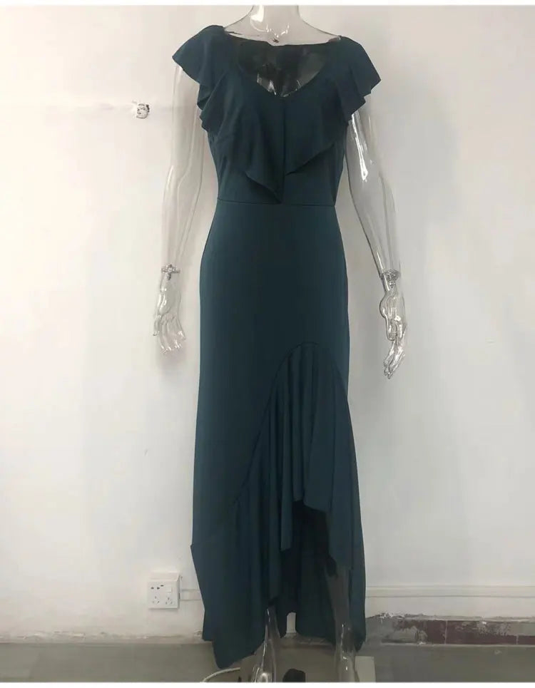 2023 Autumn New European and American Style V-Neck Long Dress with Ruffled Edge Irregular Elegant Dress Party Dress