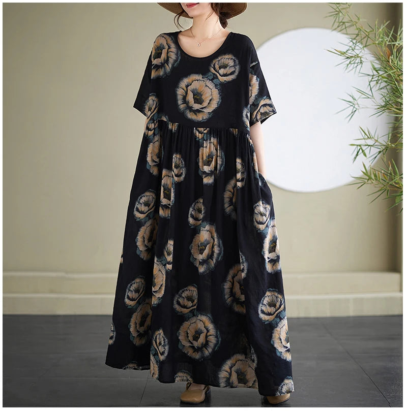 Oversized Summer Bohemian Style Long Dress Women Ruffle Pleated Fashion Flower Print Ladies Dresses Loose Casual Woman Dress