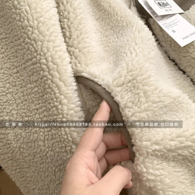 Autumn Winter Lambswool Coat Male Loose Windproof Warm Sherpa Stand Collar Polar Fleece Jacket Unisex Simple  Pocket Spliced Top