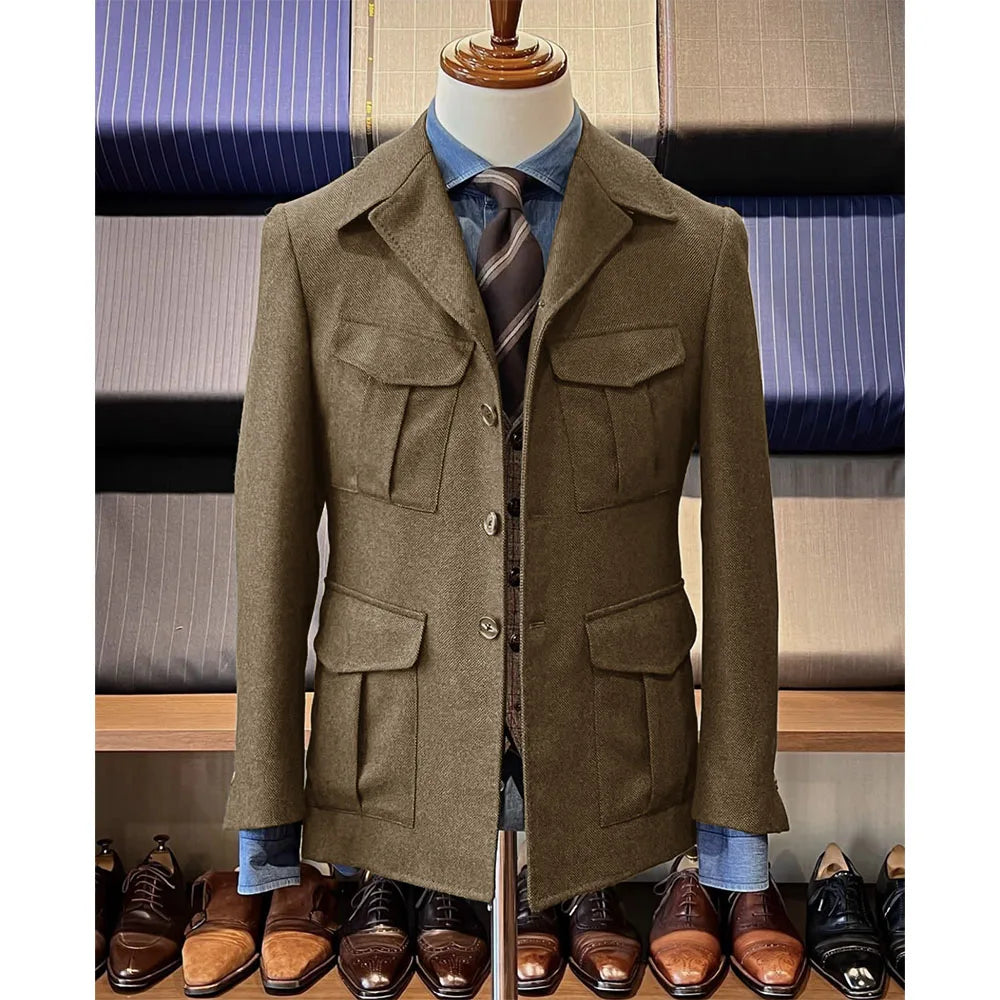 Men's Herringbone Hunting Jacket Casual 4 Pockets Fashion Design Vintage Tweed Blazer Blazer Single Breasted Comfortable Work
